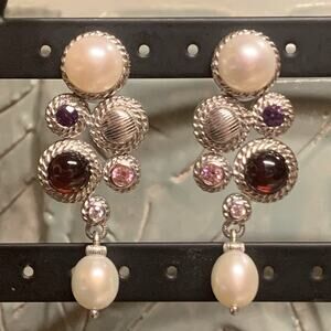 Judith Ripka Earrings Sterling Silver, Cultured Pearls & Gemstones Dangle/Drop